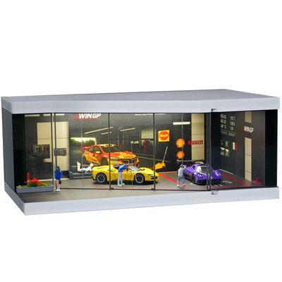 Luay Wuliza 1:64 Scale Die-Cast Car Display Stand. Suitable for Hot Wheels, Matchbox, and Similar die-cast car Models. Setting and Lighting: Parking Lot (Racing Pit Stop Exhibition Hall)