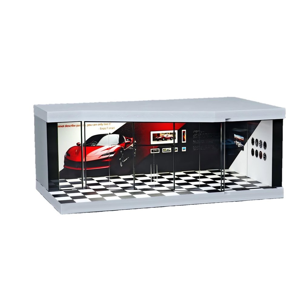 Luay Wuliza 1:64 Scale Die-Cast Car Display Stand. Suitable for Hot Wheels, Matchbox, and Similar die-cast car Models. Setting and Lighting: Parking Lot (Black-and-White Checkered Exhibition Hall)