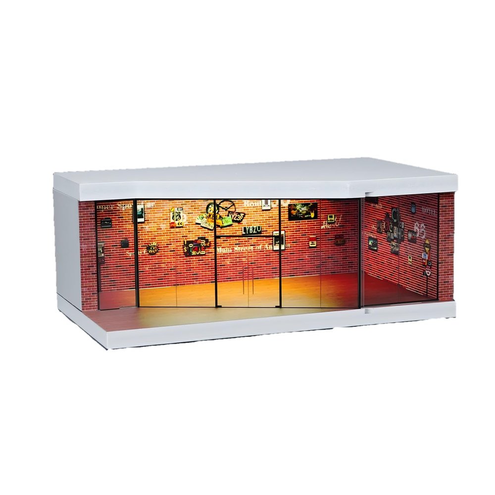 Luay Wuliza 1:64 Scale Die-Cast Car Display Stand. Suitable for Hot Wheels, Matchbox, and Similar die-cast car Models. Setting and Lighting: Parking Lot (Red Brick Exhibition Hall)