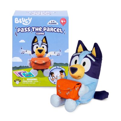 Bluey Pass The Parcel Musical Game, Soft Huggable 8" (20 cm) Plush. Three Interactive Games to Play, Incl. Hot Botato. Fun Family Game, Party Game and Preschool Game