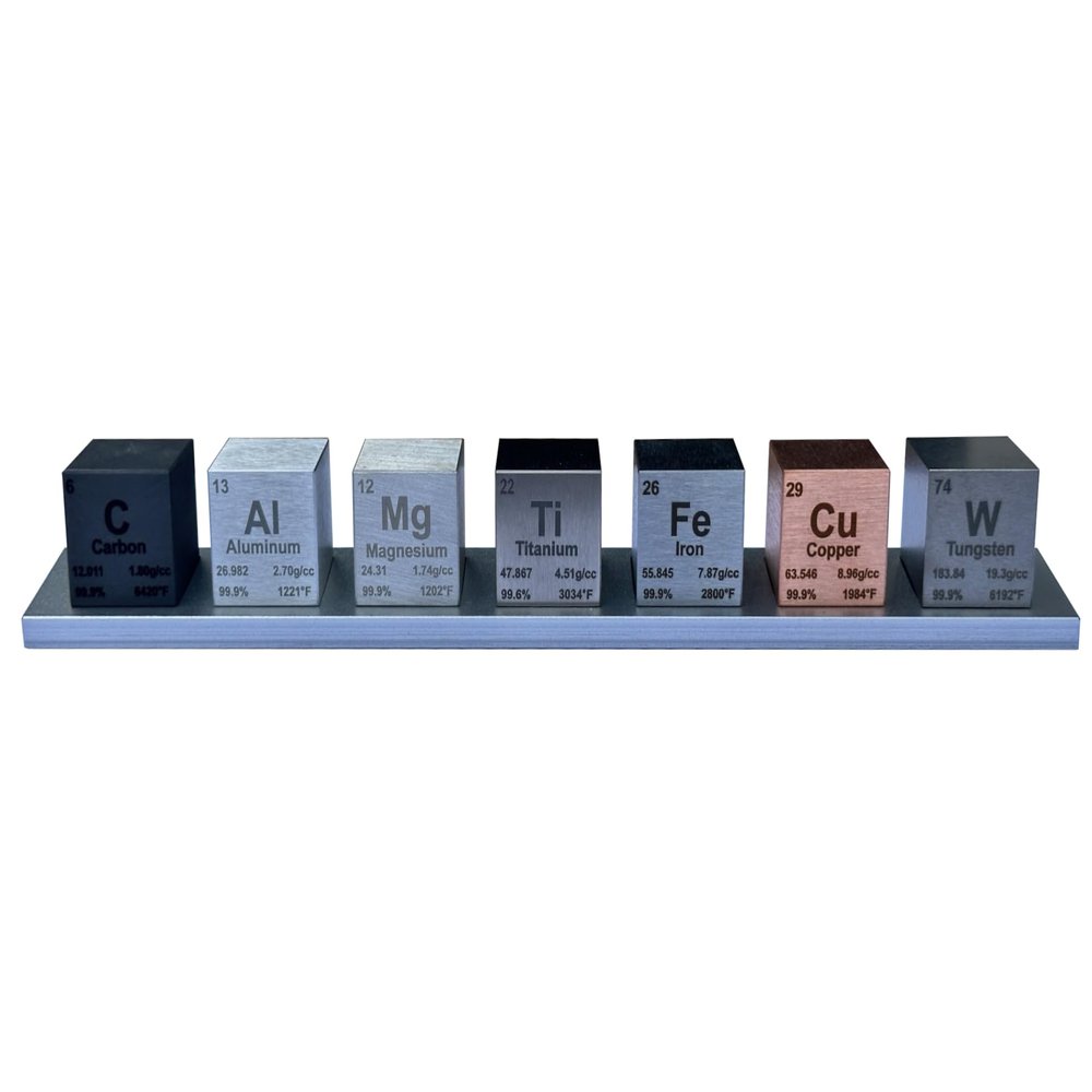 1" Element Cube Set  7 Pure Metal Density Cubes with Engraved Atomic Data  Precision Machined Science Specimens + Display Stand  Periodic Table Gift