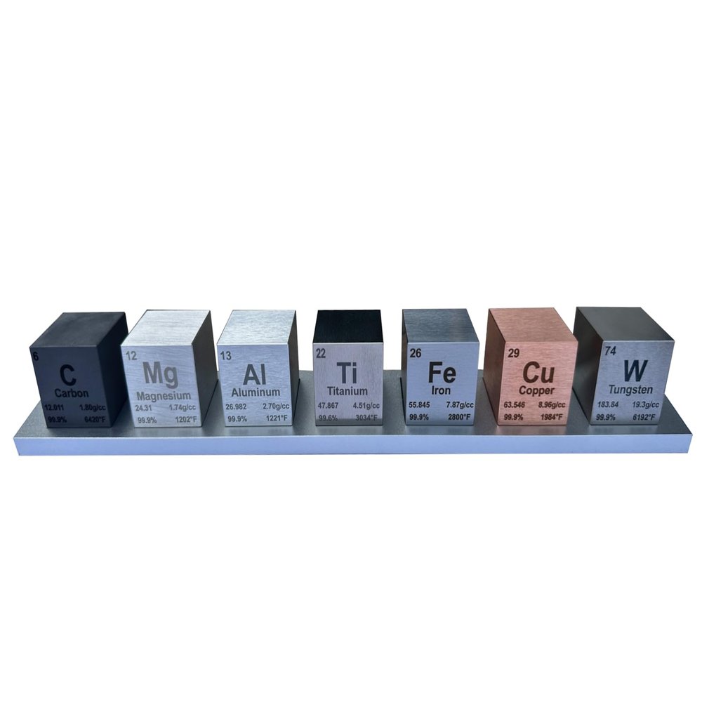 1.5" Element Cube Set  7 Pure Metal Density Cubes with Engraved Atomic Data  Precision Machined Science Specimens + Display Stand  Periodic Table Gift