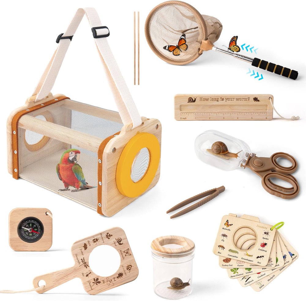 Bug Catcher for Kids, 10PCS Bug Catching Kit with Insect Cage, Butterfly Net, Magnifying Glass, Compass, Tweezers, ID Cards, Outdoor Explorer Science Kits Toys for Kids Boys and Girls Ages 3-12