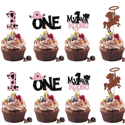 12Pcs Pink Glitter Cowboy My 1st Birthday Cupcake Toppers - Cowboy Hats & Horses Cake Toppers - Western Theme Party Cake Decor for Baby Showers & Birthdays