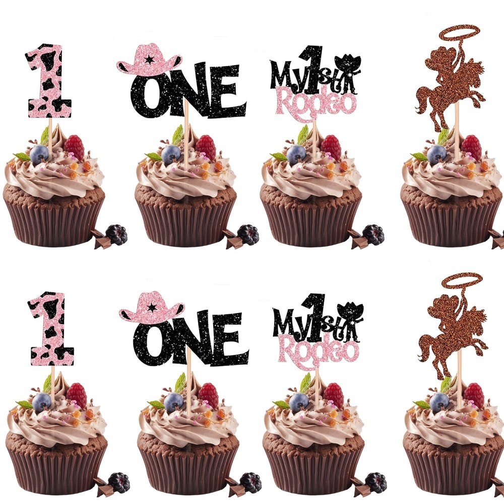 12Pcs Pink Glitter Cowboy My 1st Birthday Cupcake Toppers - Cowboy Hats & Horses Cake Toppers - Western Theme Party Cake Decor for Baby Showers & Birthdays