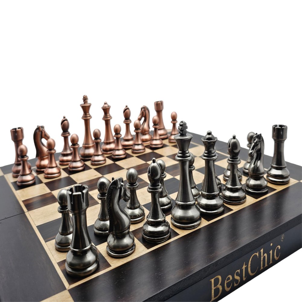15-Inch Retro Metal Chess Set, Foldable Wooden Chess Board with Weighted Metal Chess Pieces,Ideal for Beginners and Professional Players