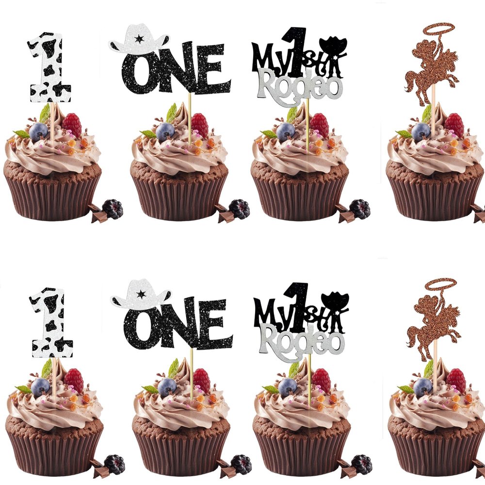 12Pcs Cowboy My 1st Birthday Cupcake Topper - White Glitter First Birthday Hat Cowboy One Cupcake Toppers - Western Theme Party Cupcake Decor for Baby Showers & Birthdays