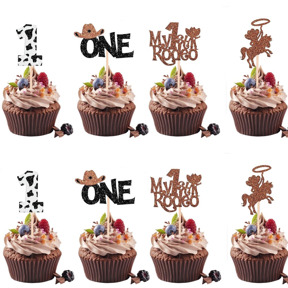12Pcs Cowboy My 1st Birthday Cupcake Toppers 1st Cupcake Decoration- Black Glitter Cowboy Hats & Horses Cake Toppers - Western Theme Party Cake Decor for Baby Showers & Birthdays