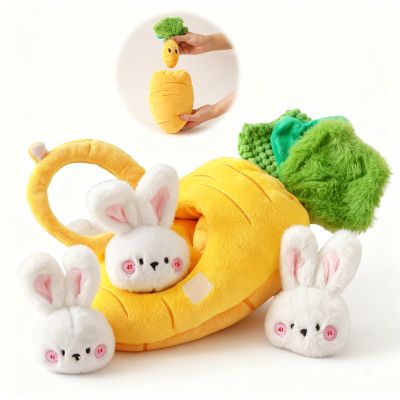 AVENLAND Sensory Carrot House Toy for Babies - Plush Montessori Toy with Mirror, 3 Bunny Rattles & Pull-Out Carrot, Crinkle Leaf, Fine Motor Skills Development, Washable