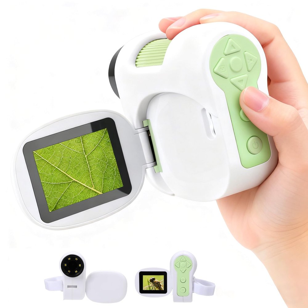1600x Children's Handheld Microscope Set, with Photo and Video Capabilities, 10 Slides, Non-Slip Wrist Strap, 2-inch IPS Screen, Mini Pocket Digital Microscope, STEM Science Experiments