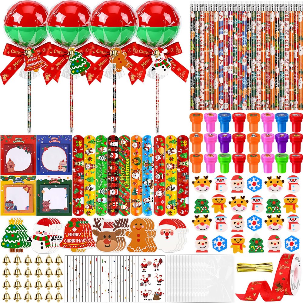 CZWZ 216Pcs Giant Lollipop Christmas Classroom Gifts for Kids, 24 Set Giant Lollipop with Pencils, Stickers, Erasers for Classroom School Exchange Christmas Party Favors Supplies