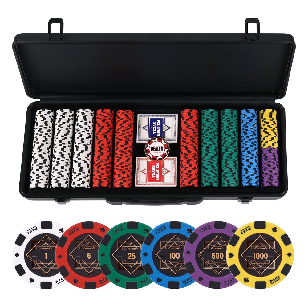 sharkplay 14g Clay Poker Chips Set for Texas Hold'em, 500 PCS Casino Numbered Chips with High-end Carrying Case & Dealer Button