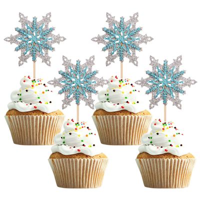 12PCS Glitter Snowflake Cupcake Toppers Set, Festive Cake Decorations for Winter Parties,Blue & Silver Snowflake Cupcake Toppers