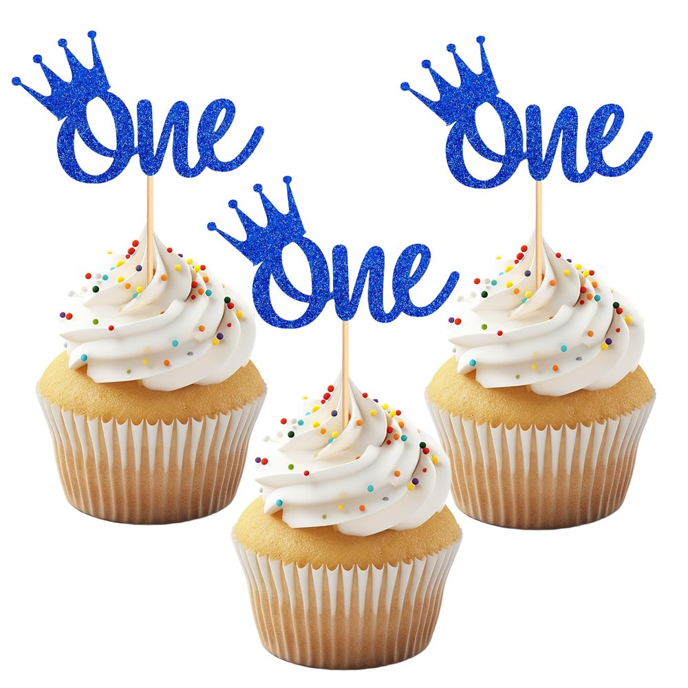 12PCS One Cupcake Toppers Set, Blue Glitter "One" Cake Toppers with Crown, Dessert Decorations for Boy's 1st Birthday Party