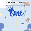 12PCS One Cupcake Toppers Set, Blue Glitter "One" Cake Toppers with Crown, Dessert Decorations for Boy's 1st Birthday Party view 4