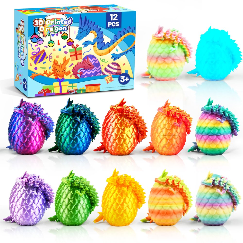 Cybermaker 12PCS 3D Printed Dragon Toys Eggs with Dragon Inside, Cool Stuff Christmas Fun Gifts, 3D Printing Toys for Kids, Fidget Toy for Adults Teens Boy Gifts Easter Basket Stuffers