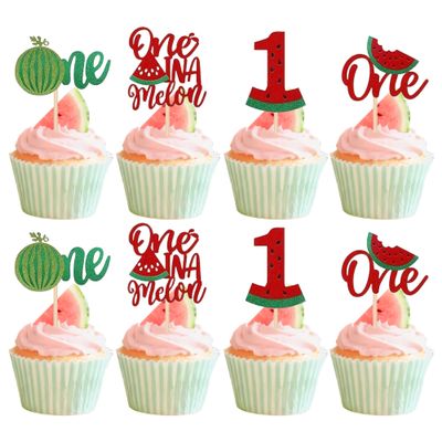 12PCS Glitter Watermelon One Cupcake Toppers Colorful Fruit-Themed Cake Picks Red and Green Cake Decors for 1st Birthday Summer Party Desserts