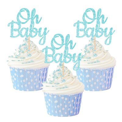 12PCS Blue Glitter "Oh Baby" Cupcake Toppers Set, Shiny Baby Boy Cake Decoration, No assembly Cupcake Decors for Gender Reveal Party