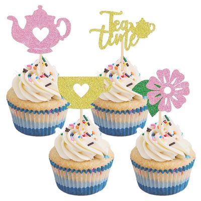 12PCS Teapot & Teacup Cupcake Toppers, Tea Party Themed Cupcake Decors Set, Elegant Cake Decoration for Afternoon Tea Events