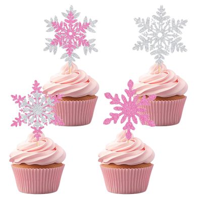12PCS Glitter Snowflake Cupcake Toppers Set, Pink & Silver Snowflake Birthday Cake Topper, Cupcake Decorations for Winter Parties