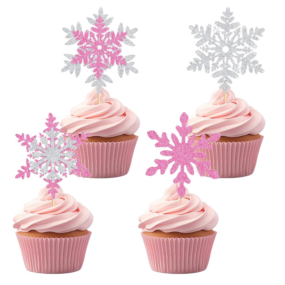 12PCS Glitter Snowflake Cupcake Toppers Set, Pink & Silver Snowflake Birthday Cake Topper, Cupcake Decorations for Winter Parties