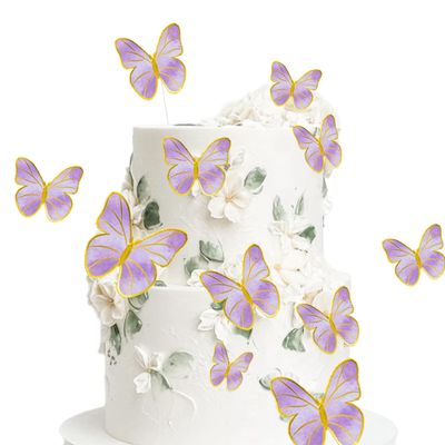 10PCS Purple & Gold 3D Butterfly Cupcake Toppers Set, Vivid Butterfly - Themed Party Decorations, Decor for Girls Women's Birthday Wedding Anniversary Party Cake Dessert Table