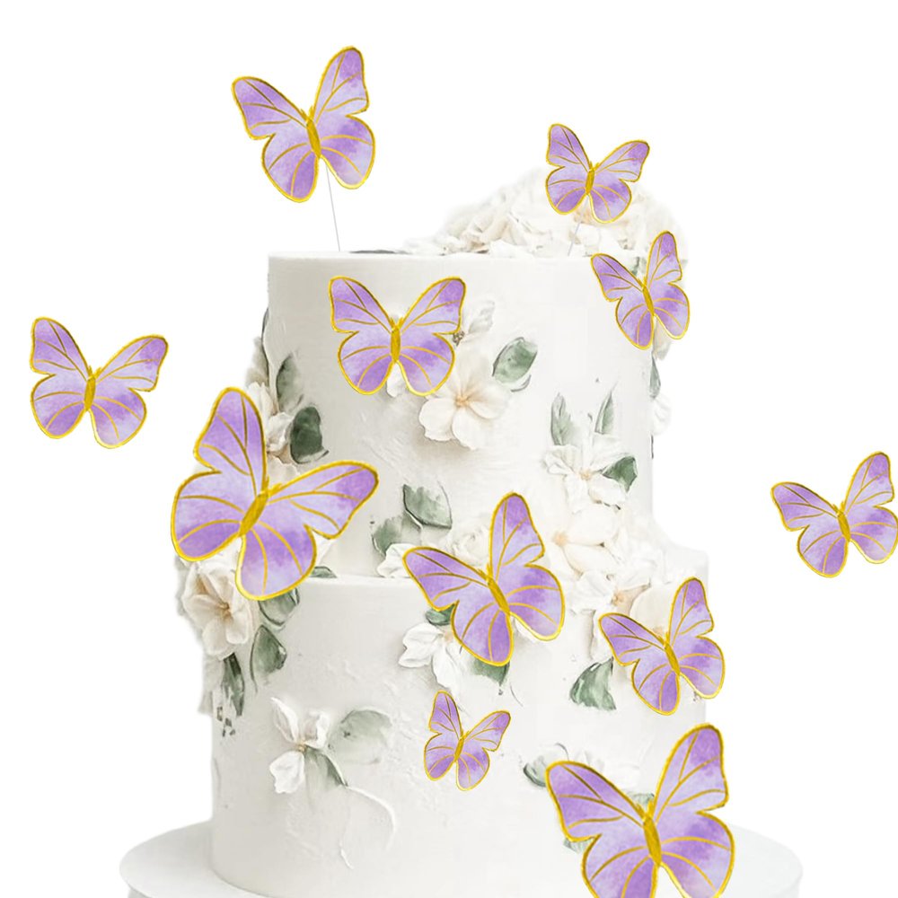 10PCS Purple & Gold 3D Butterfly Cupcake Toppers Set, Vivid Butterfly - Themed Party Decorations, Decor for Girls Women's Birthday Wedding Anniversary Party Cake Dessert Table