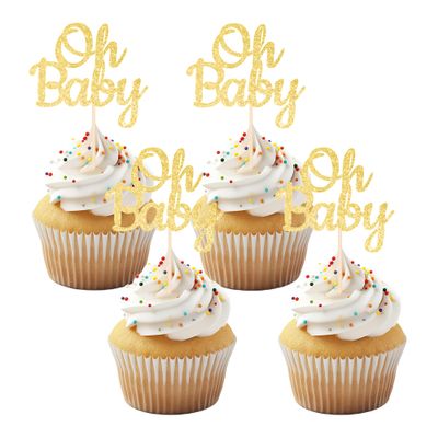12PCS Gold Glitter "Oh Baby" Cupcake Toppers, Elegant Cake Decoration for Baby Showers, Party Decor for Gender Reveal& Celebrations