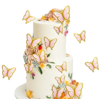 10PCS Pink & Gold Butterfly Cake Decorations, Lively 3D Butterflies Cupcake Decor for Birthday Anniversary Wedding Party Wall Decorations, Delicate Cake Decoration for Girl Women Parties