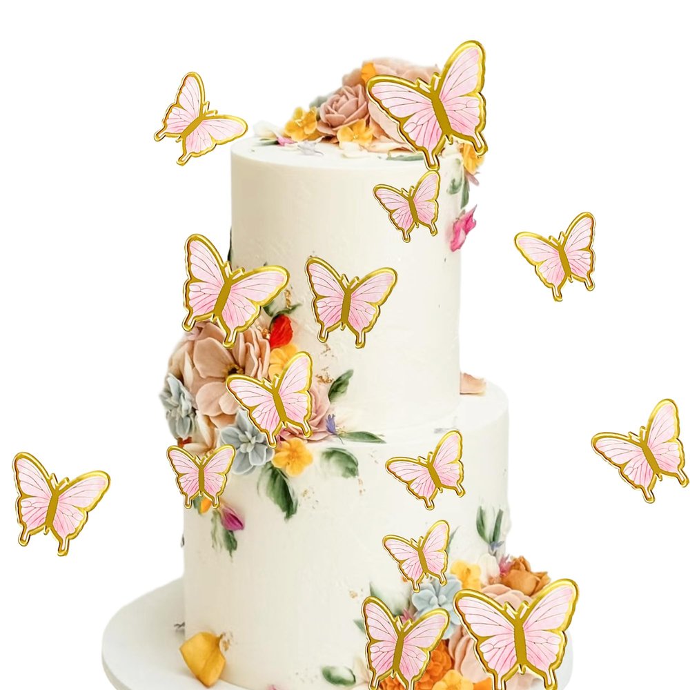10PCS Pink & Gold Butterfly Cake Decorations, Lively 3D Butterflies Cupcake Decor for Birthday Anniversary Wedding Party Wall Decorations, Delicate Cake Decoration for Girl Women Parties