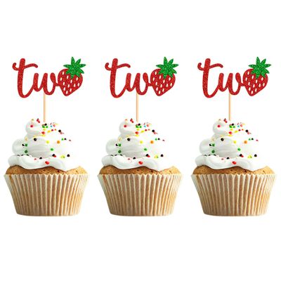 12PCS Strawberry Two Cupcake Toppers, Glitter Cake Decoration for 2nd Birthday, Lovely Cake Decor for Birthday Party Desserts