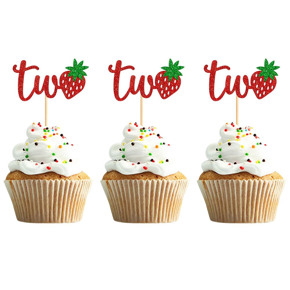 12PCS Strawberry Two Cupcake Toppers, Glitter Cake Decoration for 2nd Birthday, Lovely Cake Decor for Birthday Party Desserts