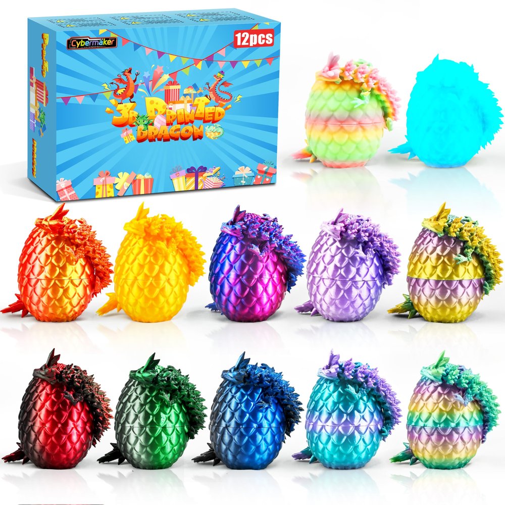 Cybermaker 12PCS Easter Eggs 3D Printed Dragon Toys Eggs, Easter Basket Stuffers Fun Gifts, 3D Printing Toys for Kids, Fidget Toy for Adults Teens Boy Gifts Christmas Stocking Stuffers