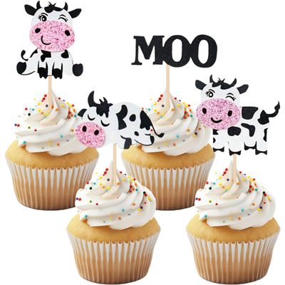 12PCS Cute Cow & "MOO" Cupcake Toppers, Glitter Paper Cow Cupcake Decors in various styles, Adorable Cake Decorations for Farm-Themed Parties