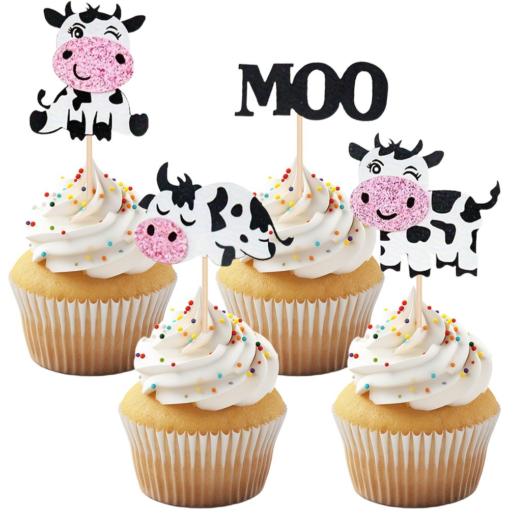 12PCS Cute Cow & "MOO" Cupcake Toppers, Glitter Paper Cow Cupcake Decors in various styles, Adorable Cake Decorations for Farm-Themed Parties