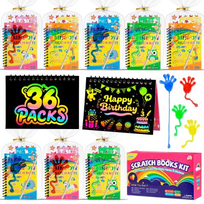 JMMICO 36*3 Packs Scratch Art Notebook+Sticky Hands+Stickers,Valentines Party Favors for Kids 4-8-12,Return Gifts for Birthday Party Bulk Toys,Goodie Bags Stuffers, Classroom Prizes Students Gifts