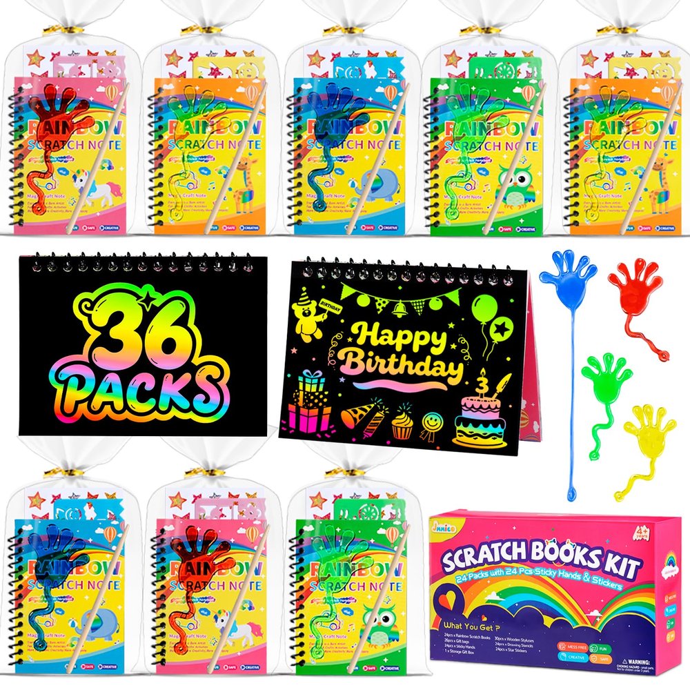 JMMICO 36*3 Packs Scratch Art Notebook+Sticky Hands+Stickers,Valentines Party Favors for Kids 4-8-12,Return Gifts for Birthday Party Bulk Toys,Goodie Bags Stuffers, Classroom Prizes Students Gifts