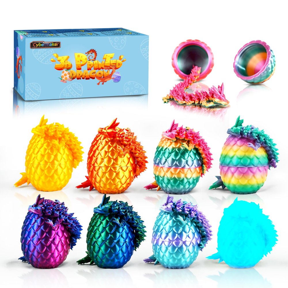 Cybermaker 8pcs 3D Printed Dragon Egg Toys, Christmas Stocking Stuffers for Kids Boys, Cool Stuff for Boy Articulated Crystal 3D Printer Dragon Animal Toy for Boys Kid Teens 5-7 8-12