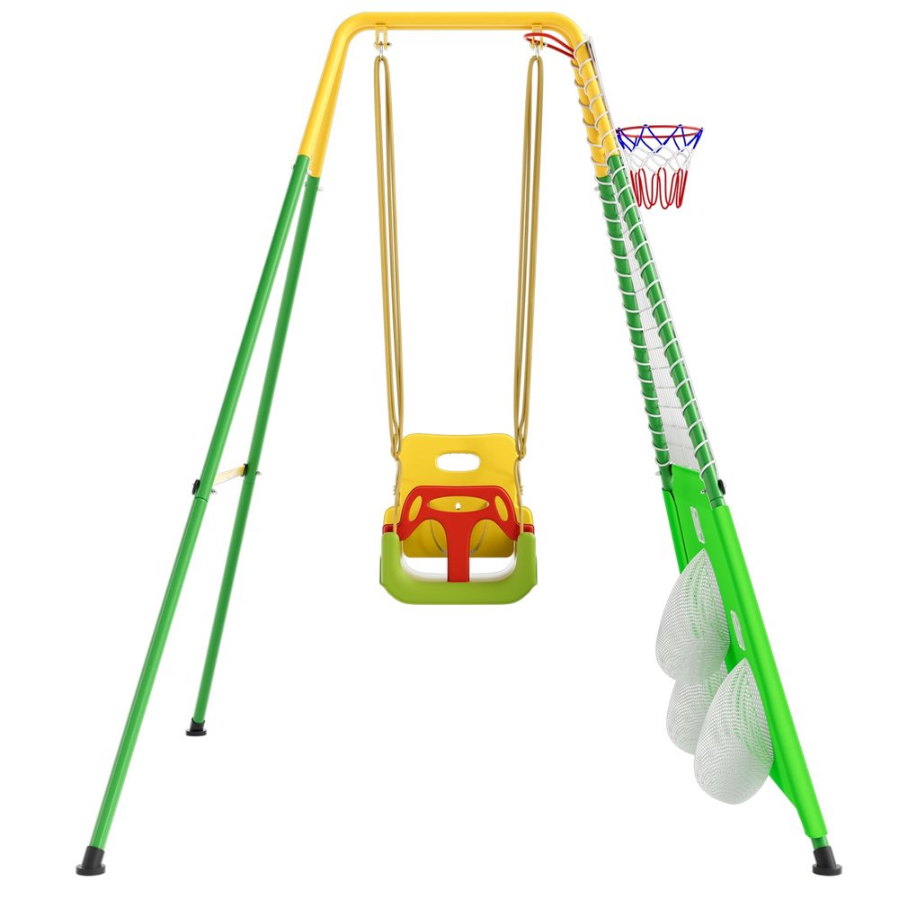 5 in 1 Toddler Swing Set Outdoor with Basketball Hoop,Soccer Goal,Indoor Baby Swing for Aged 6-36 Months,Multi-Functional Kids Swing Sets for Backyard