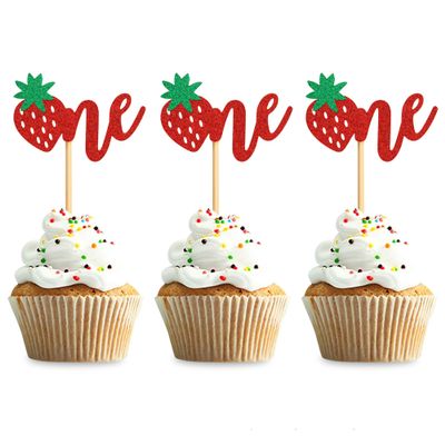 12PCS Strawberry One Cupcake Toppers, Glitter Cake Decoration for 1st Birthday Party, Lovely Cake Decor for Birthday & Anniversary Party Desserts