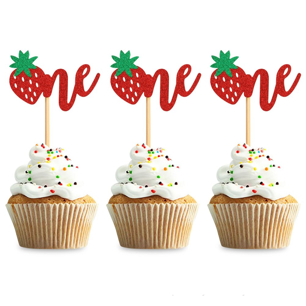12PCS Strawberry One Cupcake Toppers, Glitter Cake Decoration for 1st Birthday Party, Lovely Cake Decor for Birthday & Anniversary Party Desserts