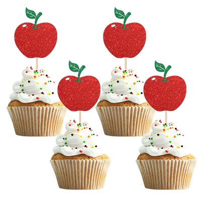 12PCS Glitter Red Apple Cupcake Toppers, Cute Cake Decorations for Fruit-Themed Parties, Cake Decors for Harvest Celebrations