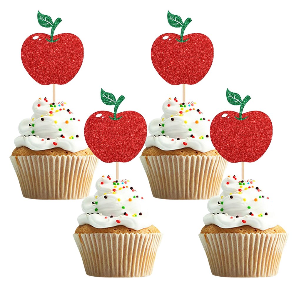 12PCS Glitter Red Apple Cupcake Toppers, Cute Cake Decorations for Fruit-Themed Parties, Cake Decors for Harvest Celebrations