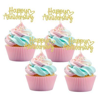 12PCS Gold Glitter "Happy Anniversary" Cupcake Toppers, Elegant Cupake Decorations with Heart-shape, Wedding, Company Anniversary Party, Birthday Party Decors