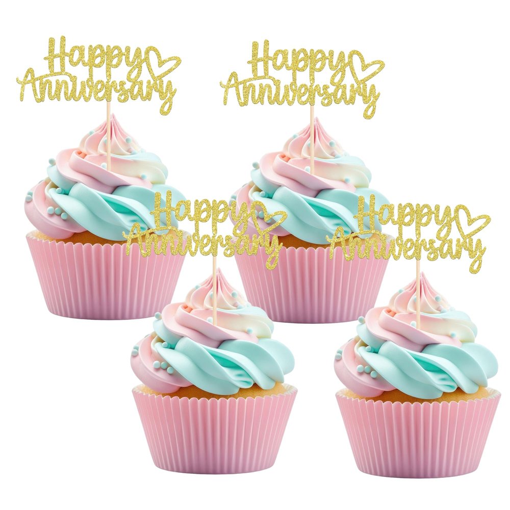 12PCS Gold Glitter "Happy Anniversary" Cupcake Toppers, Elegant Cupake Decorations with Heart-shape, Wedding, Company Anniversary Party, Birthday Party Decors