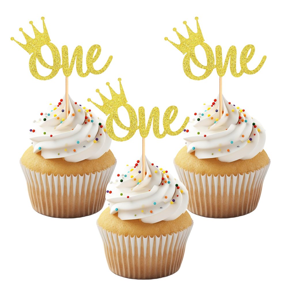12PCS Gold "One" Birthday Cupcake Toppers, Glitter Crown Pattern Cupcake Decoration, Cake Decor for First Birthday Parties