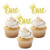 12PCS Gold "One" Birthday Cupcake Toppers, Glitter Crown Pattern Cupcake Decoration, Cake Decor for First Birthday Parties view 1