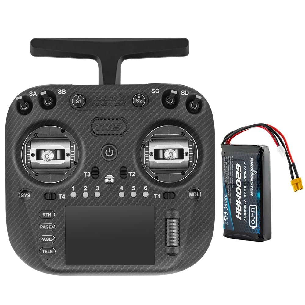 Radiomaster TX15 Max 3.5inch IPS Touchscreen Radio Controller ExpressLRS with AG02 CNC Hall Gimbal Built-in Gyro Microphone (Black FCC Mode2 with 6200Mah)