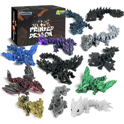 Cybermaker 12PCS 3D Printed Dragon Set  Black Series Articulated Crystal Dragons, Cool Fidget Toys & Desk Decor, Unique 3D Printed Animals, Vibrant Gift for Teens, Adults, Party Favors