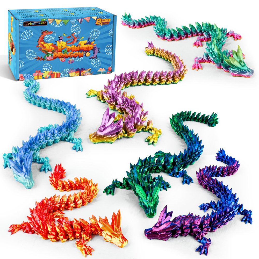 Cybermaker 6PCS 12 3D Printed Dragon Set, Articulated Dragon Figures, Flexible Fidget Toys, Desk Toys & Home Office Decor, Fantasy Dragon Gifts & Party Favors for Kids and Adults